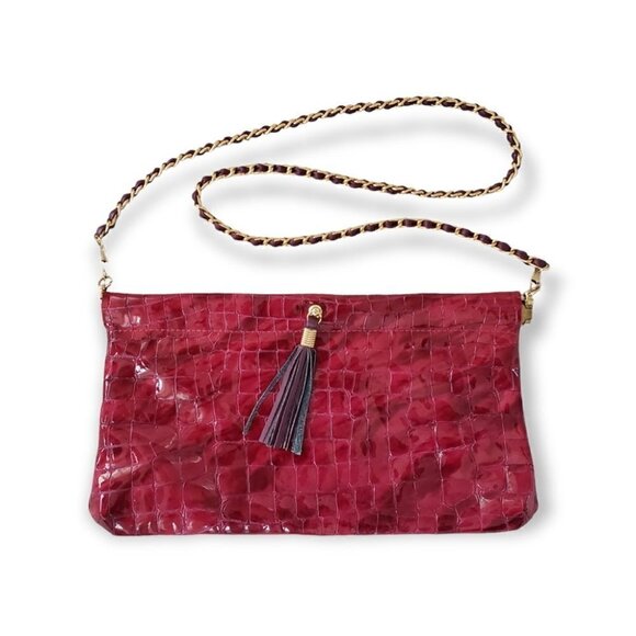 Miss Mak Montreal Pink Patent Leather Croc Embossed Clutch Chain Strap - Picture 1 of 9